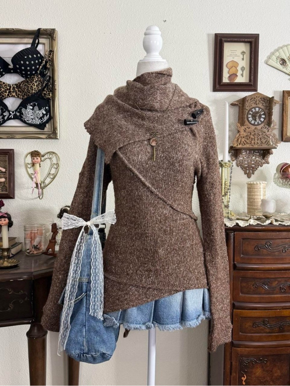 Boho fairy grunge subversive whimsical brown patchwork high neck sweater